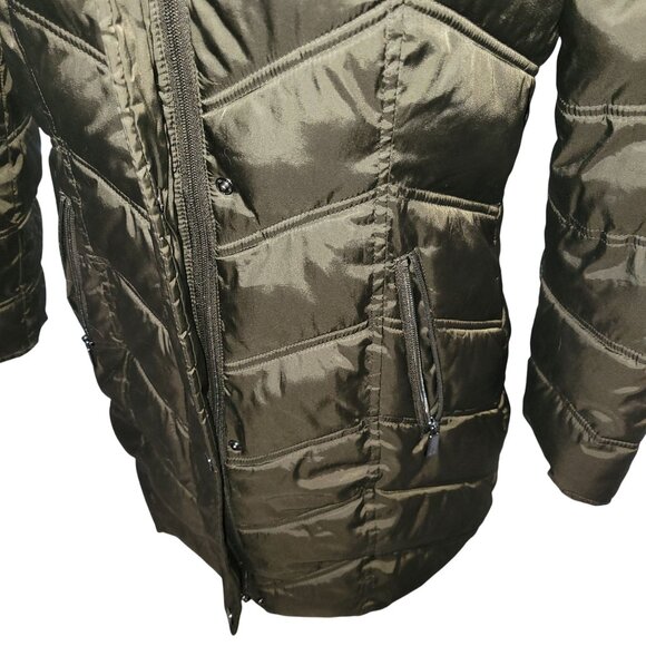 Kenneth Cole New York Womens‎ Olive Puffer Coat W/ Faux Fur Hood XS - Picture 3 of 6